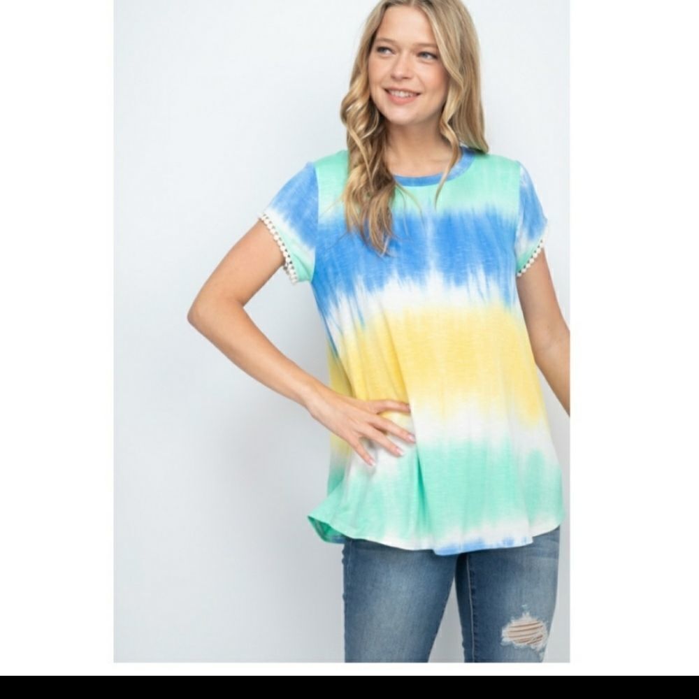 Cute Tie Dyed Tunic Top with Embellished Sleeves White Blue Yellow Green - Picture 7 of 7